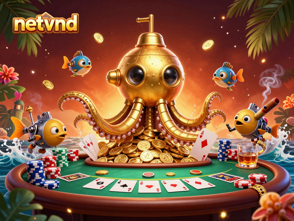Engage in exciting gameplay with netvnd's vibrant 3D casino scene featuring a golden kraken submarine.