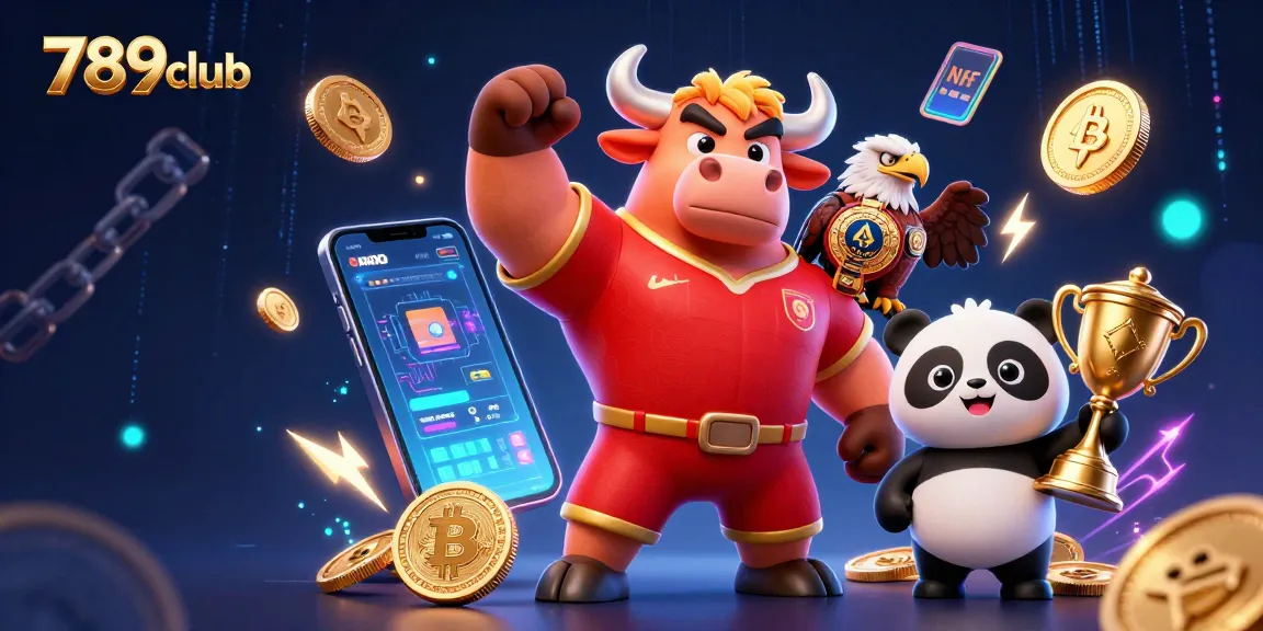 Engage with 789club's vibrant 3D scene showcasing a victory pose by a cartoon bull, eagle, and panda celebrating gambling success.