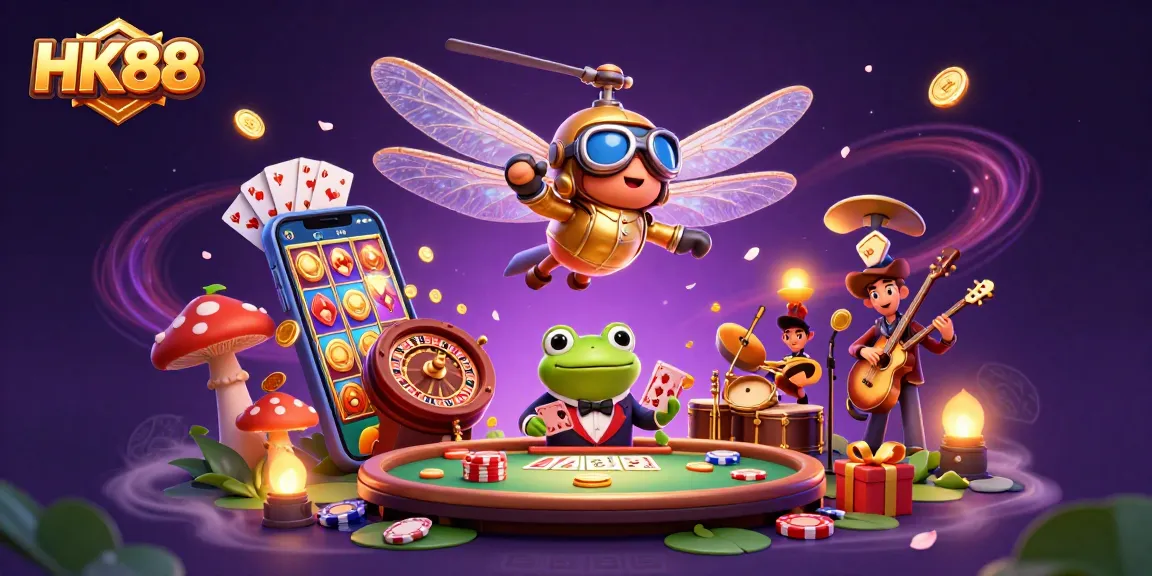Engage with HK88's vibrant casino scene featuring a dragonfly pilot and frog croupier