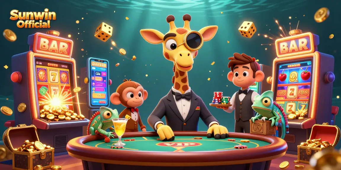 Experience the excitement at Sunwin Official with a vibrant casino scene featuring characters enjoying gaming.