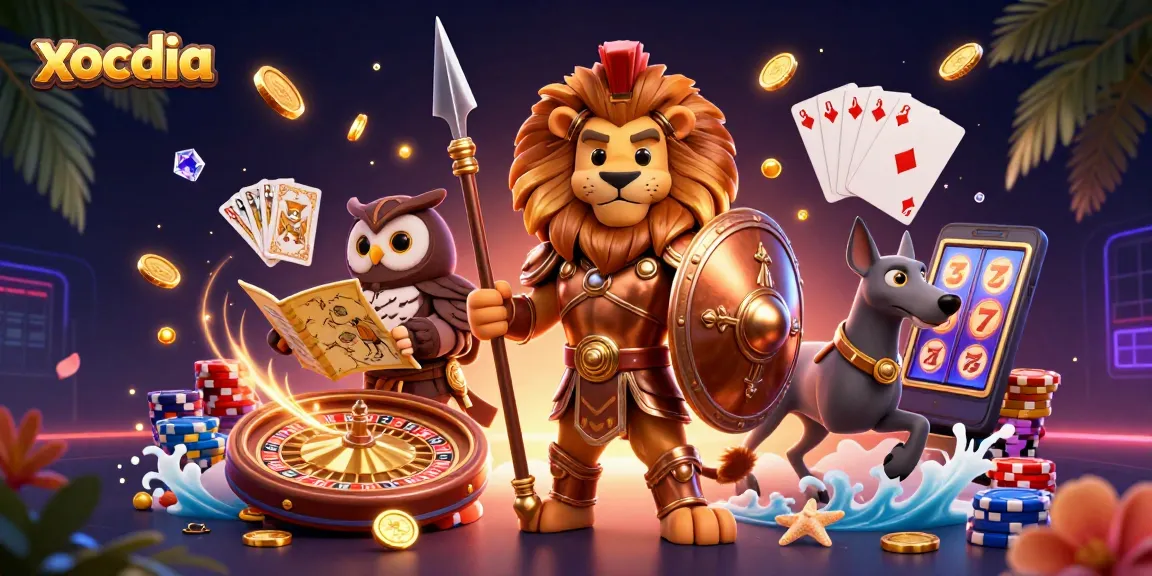 Play xocdia with a dynamic scene of a Spartan lion, an owl strategist, and a swift greyhound amidst casino elements.