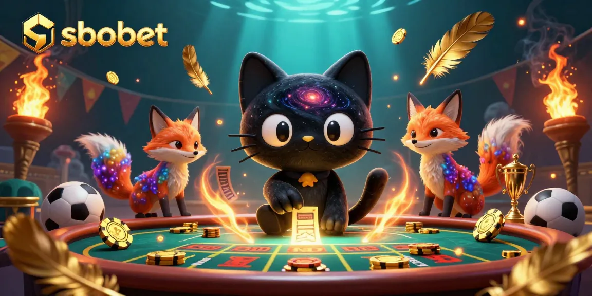 SBOBET's cosmic cat attracts betting chips at a vibrant sports betting table.