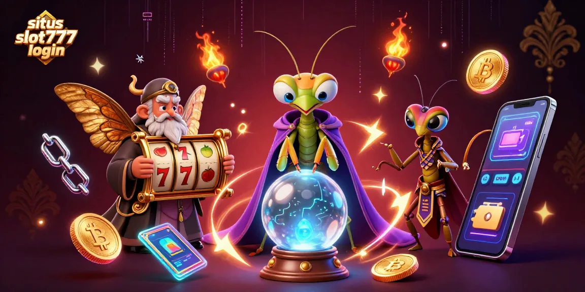 Situs slot777 login showcases an enchanting scene with a praying mantis fortune teller and slot reels merging crypto and jackpots.