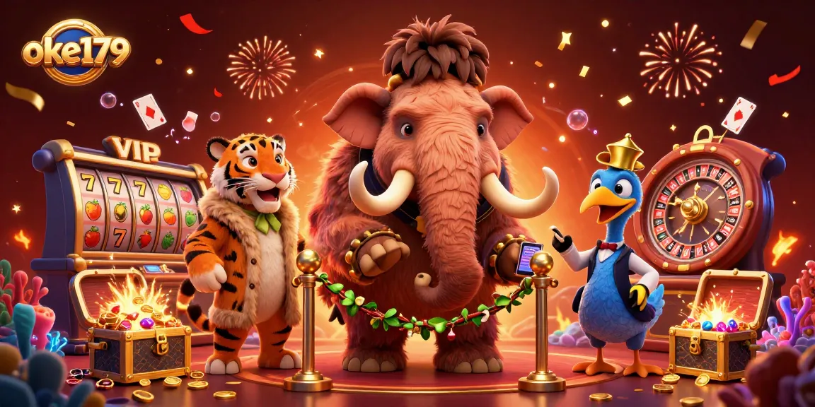 Engage in thrilling action at oke179 as a saber-tooth tiger enjoys VIP status in a vibrant casino.