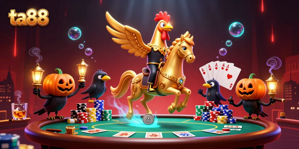 Experience ta88 in a vibrant casino scene with a golden rooster and pumpkin-headed crows.
