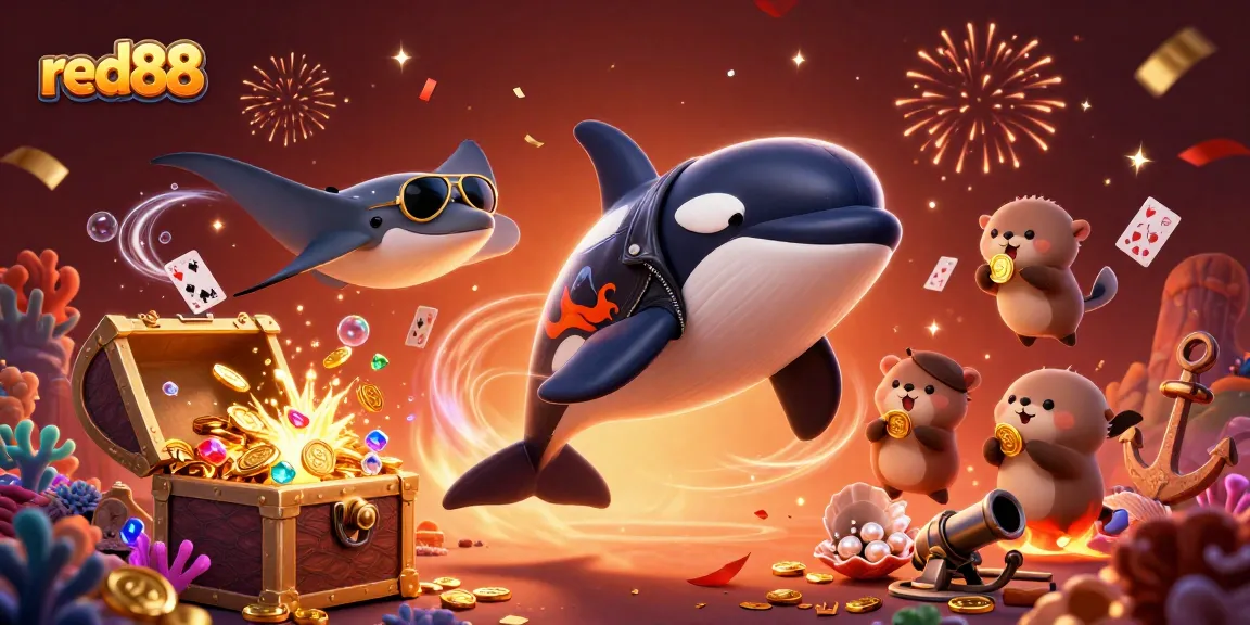 Experience the thrilling action at red88 as orca whales and sea otters engage in a vibrant underwater adventure.