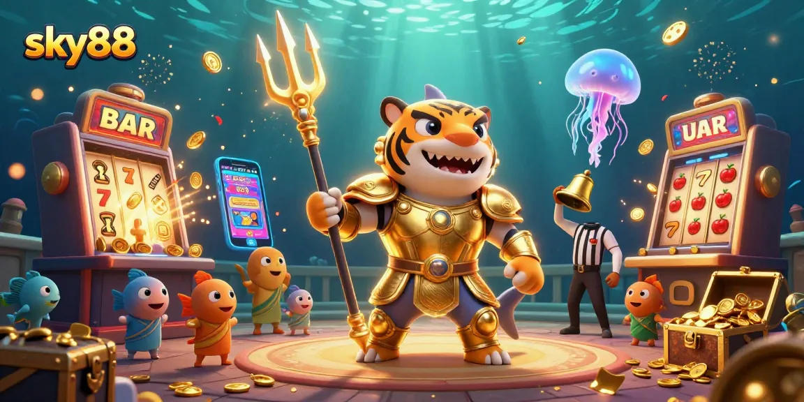 Experience excitement with sky88's vibrant casino environment showcasing thrilling slot machines and lively characters.