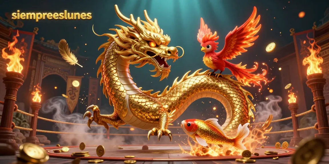 Experience winning at siempreeslunes with the golden dragon, phoenix, and koi fish in a dynamic casino scene.