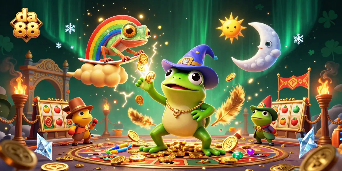 Experience da 88's vibrant casino adventure with a wizard frog and chameleon amidst golden coins.