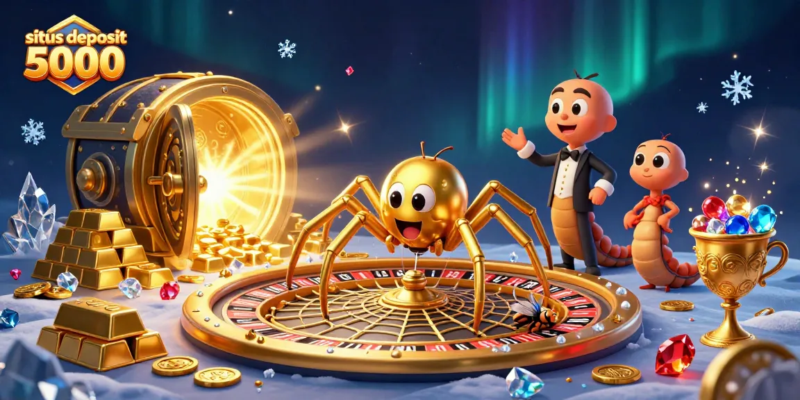 Spin and win at situs deposit 5000 with a golden spider and adventurous characters in an enchanting setting.