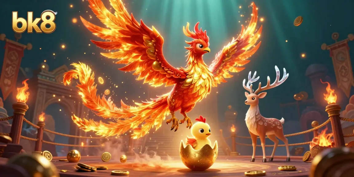 Experience the thrill of bk8 with a vibrant 3D illustration featuring a phoenix and casino elements.