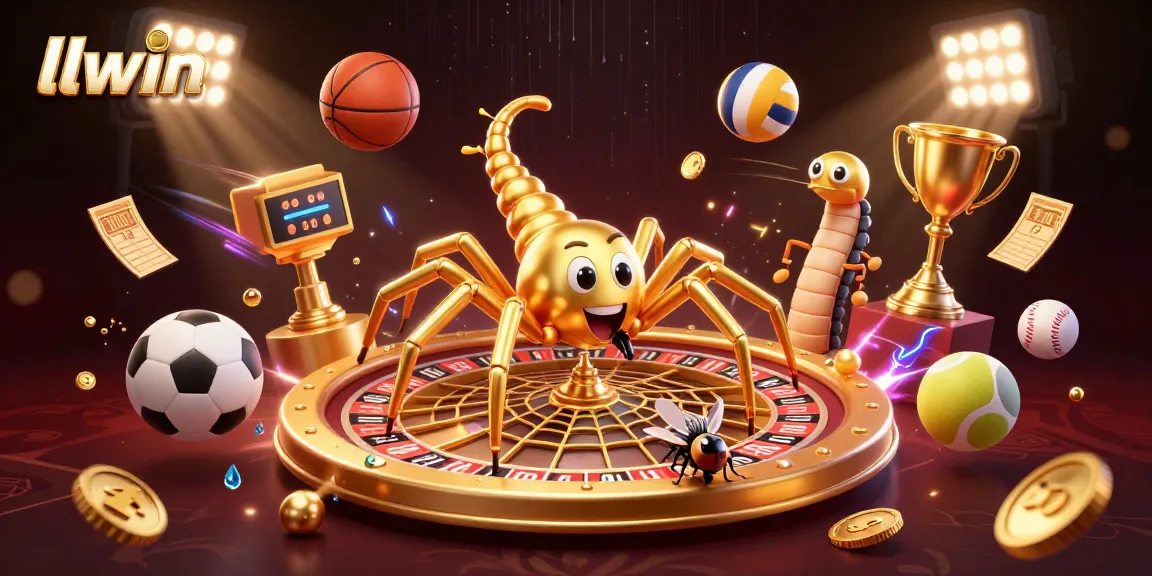 llwin's gaming scene features a golden spider and a centipede croupier amidst exciting betting elements like sports balls and trophies.