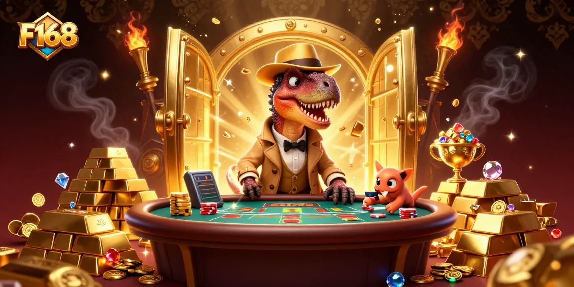 Experience the thrill of F168 with animated characters at an exciting blackjack table full of treasures.